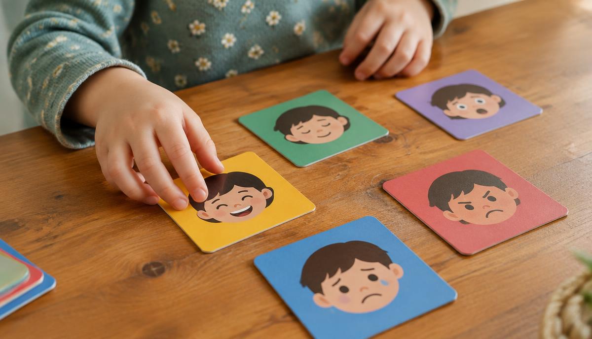 Kinderhanden leggen kleurrijke gevoelskaartjes op een houten tafel