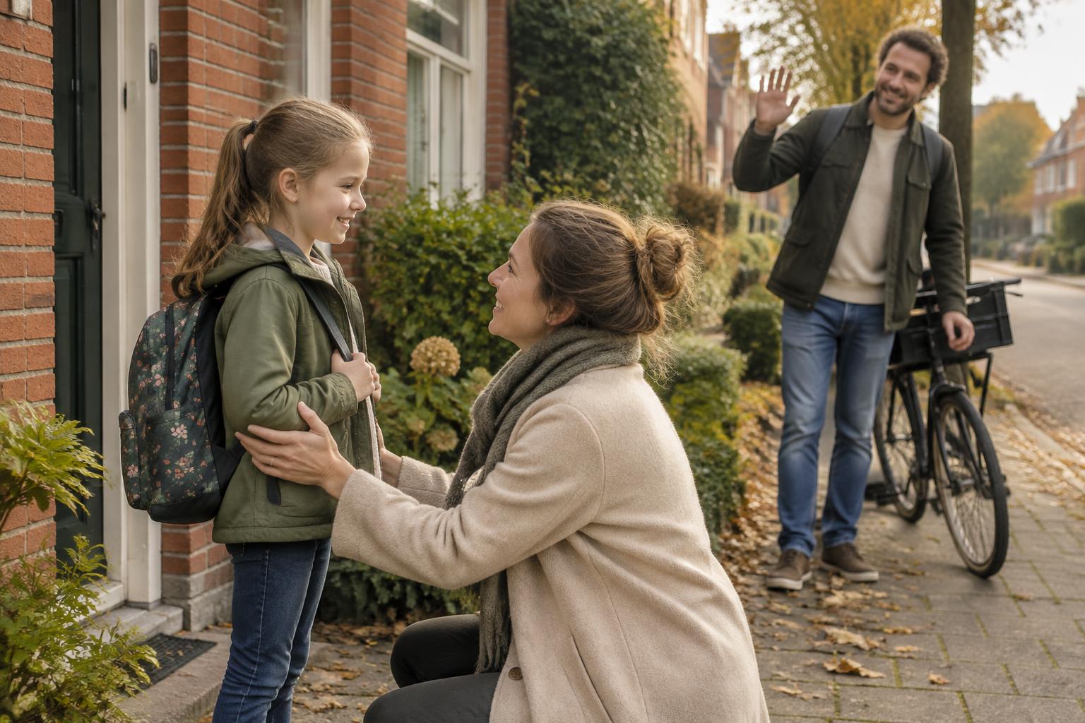Meisje van ongeveer acht jaar met rugzak wordt buiten het huis opgewacht door mama terwijl papa in de verte zwaait