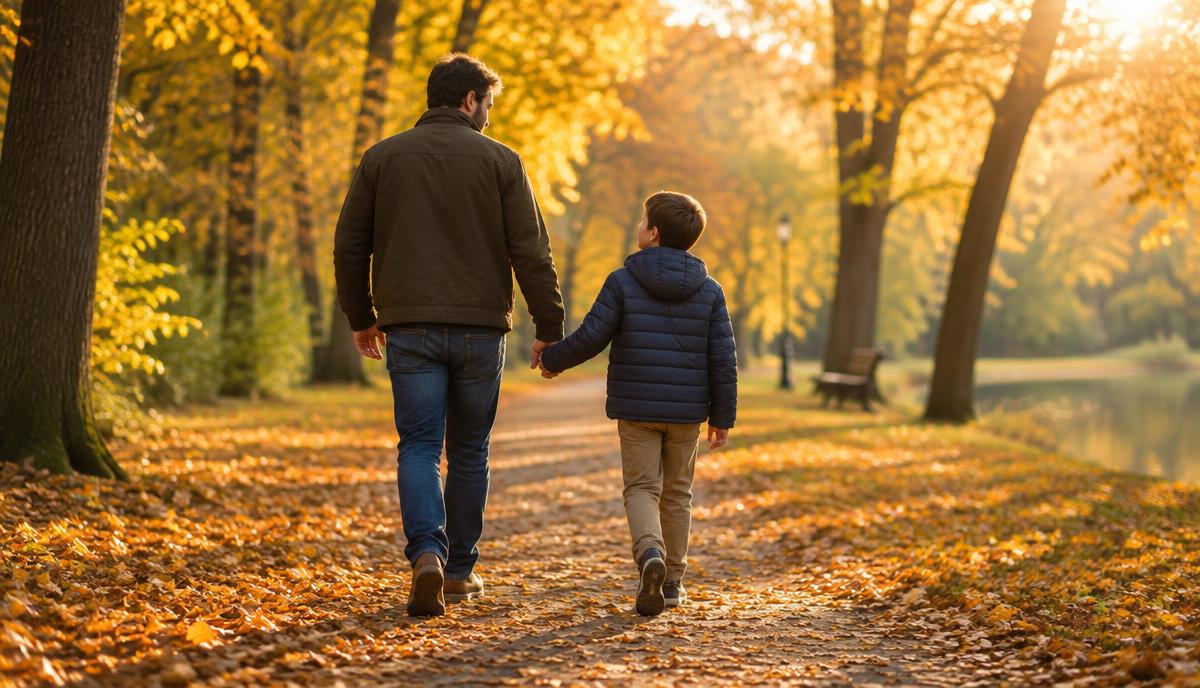Vader en zoon lopen hand in hand door een herfstig park