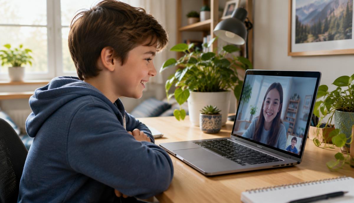 Jongen van ongeveer tien jaar lacht tijdens een online videogesprek op zijn laptop