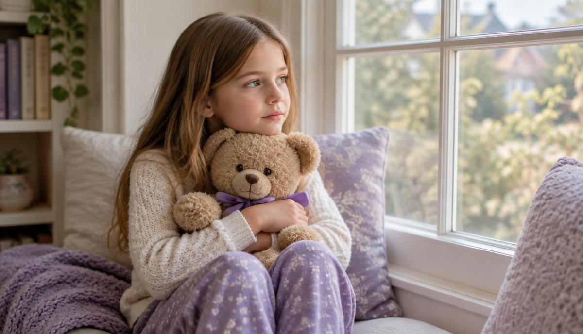 Meisje van ongeveer negen jaar zit met haar knuffel bij het raam en kijkt nadenkend naar buiten