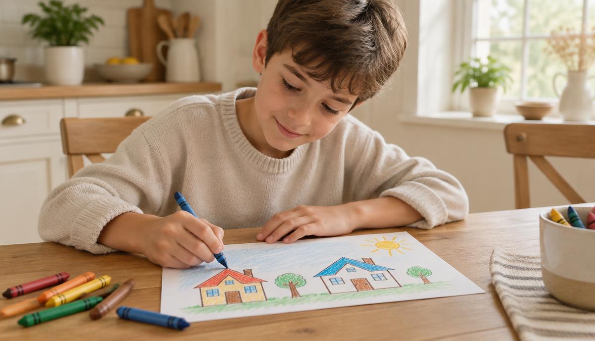 Jongen tekent met waskrijt twee huizen aan de keukentafel