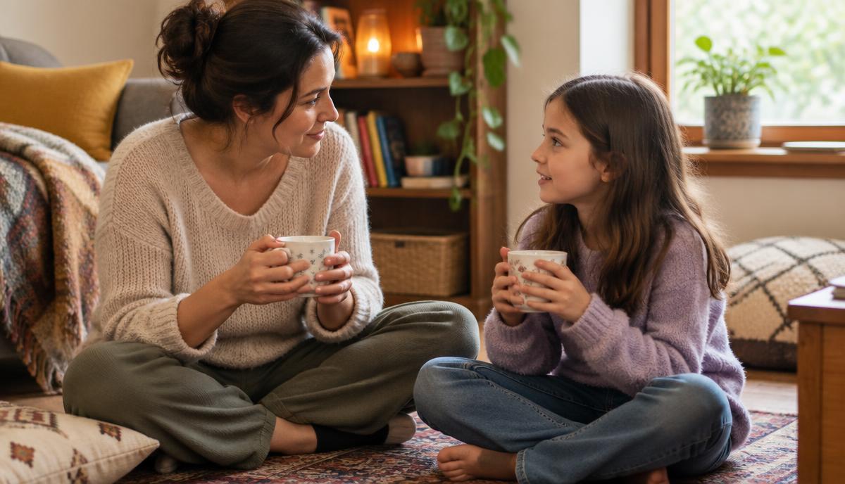Moeder en dochter zitten op de vloer met een kop thee en praten rustig met elkaar