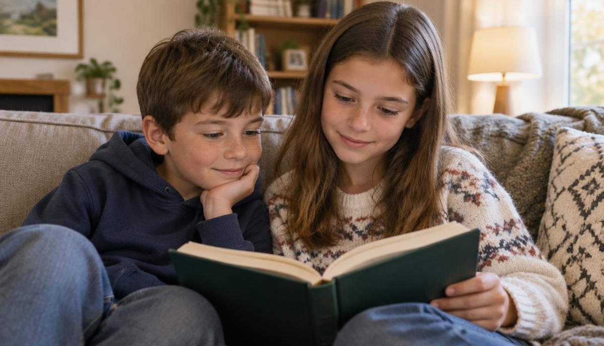 Broer en zus lezen samen een boek op de bank
