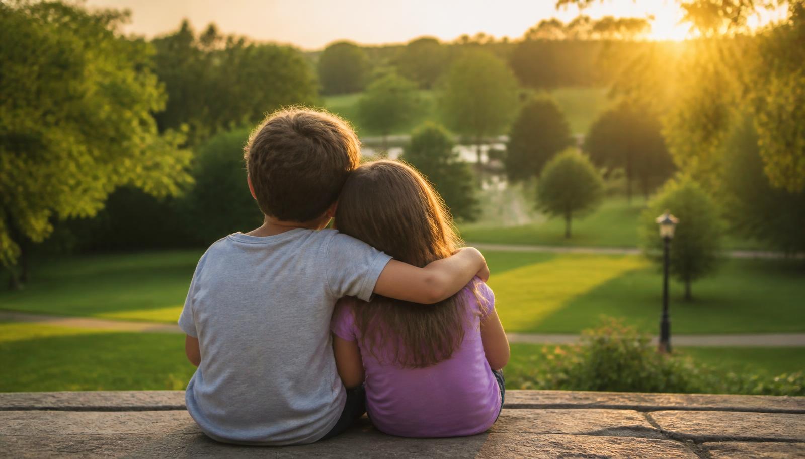 Twee kinderen zitten met een arm om elkaar heen in het park