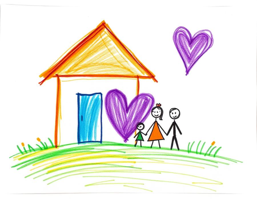 Kindertekening van een huis met een gezin en een hart
