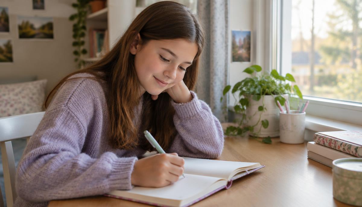 Meisje van elf jaar schrijft ontspannen in haar dagboek bij het raam